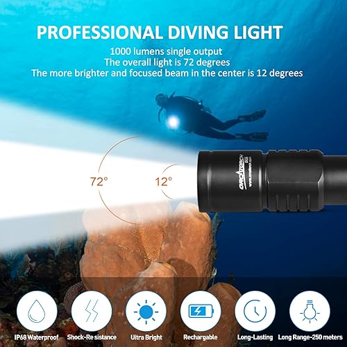 Miniatura 8 de ORCATORCH D520 Luz de buceo de 1000 lúmenes, linterna de buceo compacta IP68, impermeable, linterna de buceo nocturno, luces de buceo submarino con