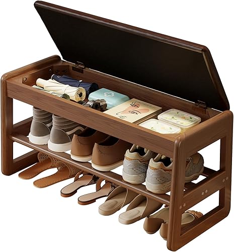 Miniatura 7 de AQIMUELE Banco pequeño para zapatos, banco de zapatos de 2 niveles con almacenamiento con tapa abatible, zapatero de madera para entrada, pasillo