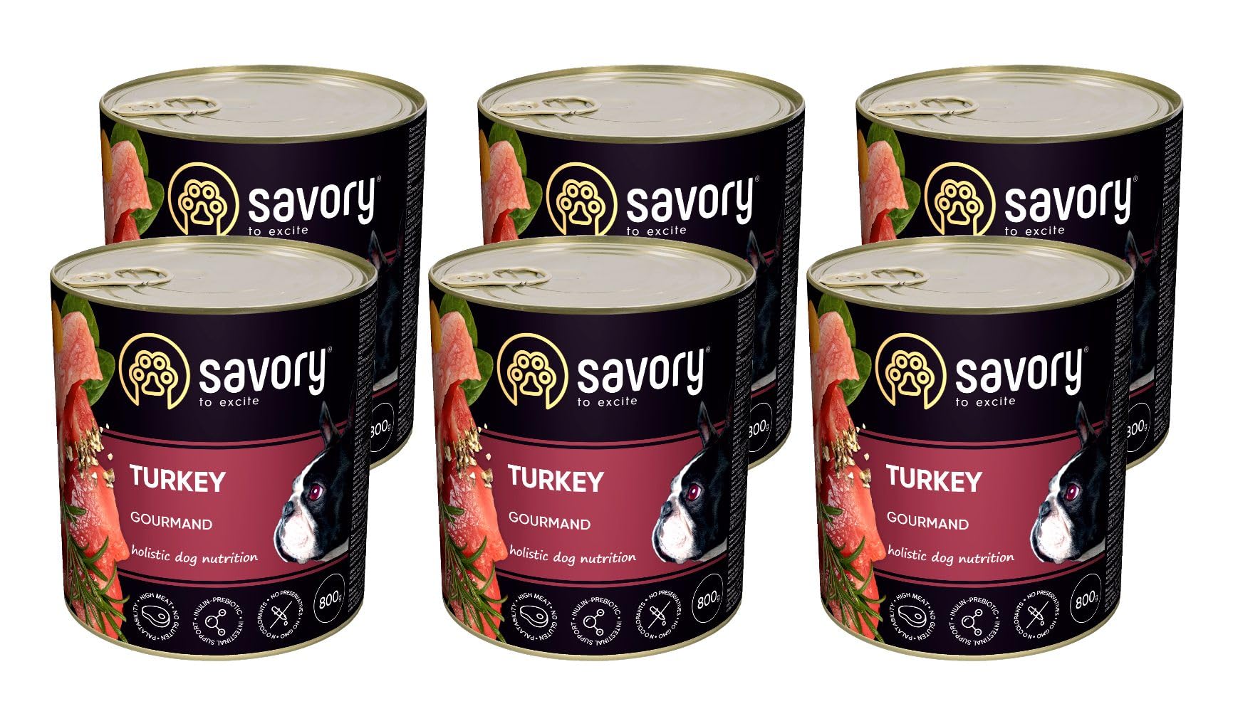 Savory - Cibo umido per cani - Cibo umido per cani - per Cane adulto - Turchia - Paté tenero dalla consistenza succosa e soffice, ad alto contenuto di carne - (6 x 800 g)