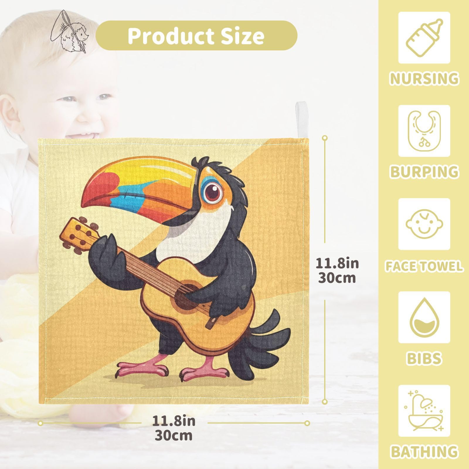 Kigai Colorful Cartoon Toucan Baby Washcloths,5pcs Ultra Soft Absorbent Towel,Newborn Bath Face Towel, Natural Reusable Baby Wipes for Sensitive Skin, Baby Registry as Shower