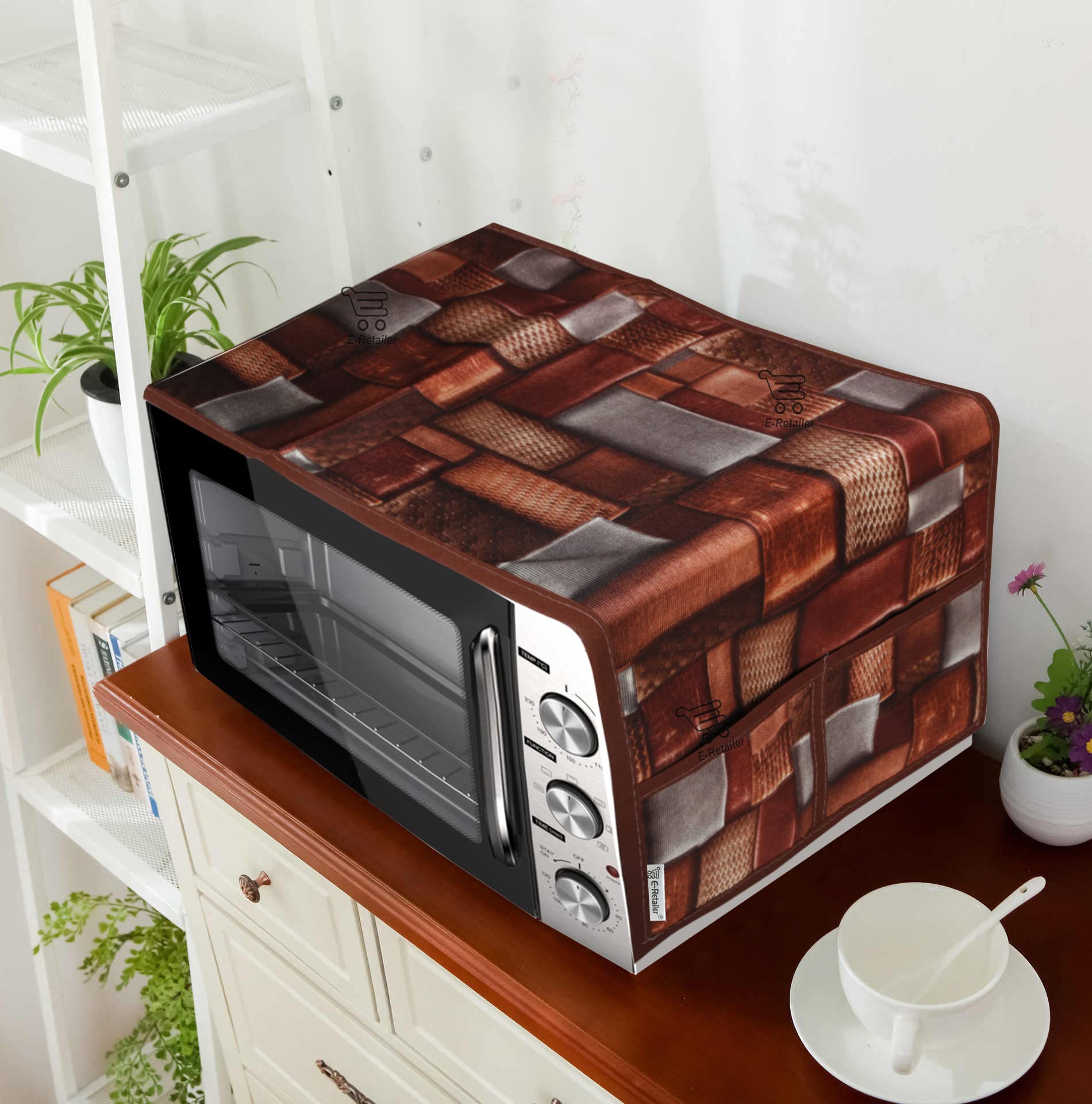 E-Retailer® Polyester 3-Layered Digital Printed Microwave Oven Top Cover With 4 Utility Pockets Suitable for Upto 30 Liter (Brown, Size-36x14 Inches)