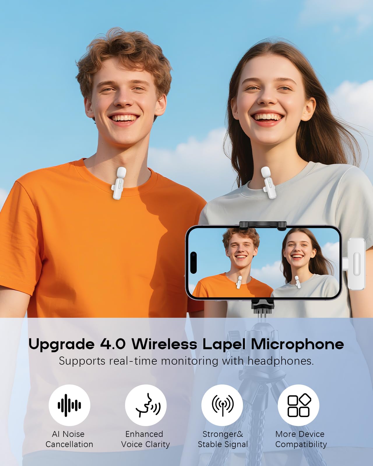Lot de 2 Mini Microphones sans Fil Bluetooth pour iPhone – Microphone Cravate Bluetooth pour Enregistrement vidéo, réduction du Bruit pour iPad, Android, Mini Micro à Clipser pour Podcast Tiktok