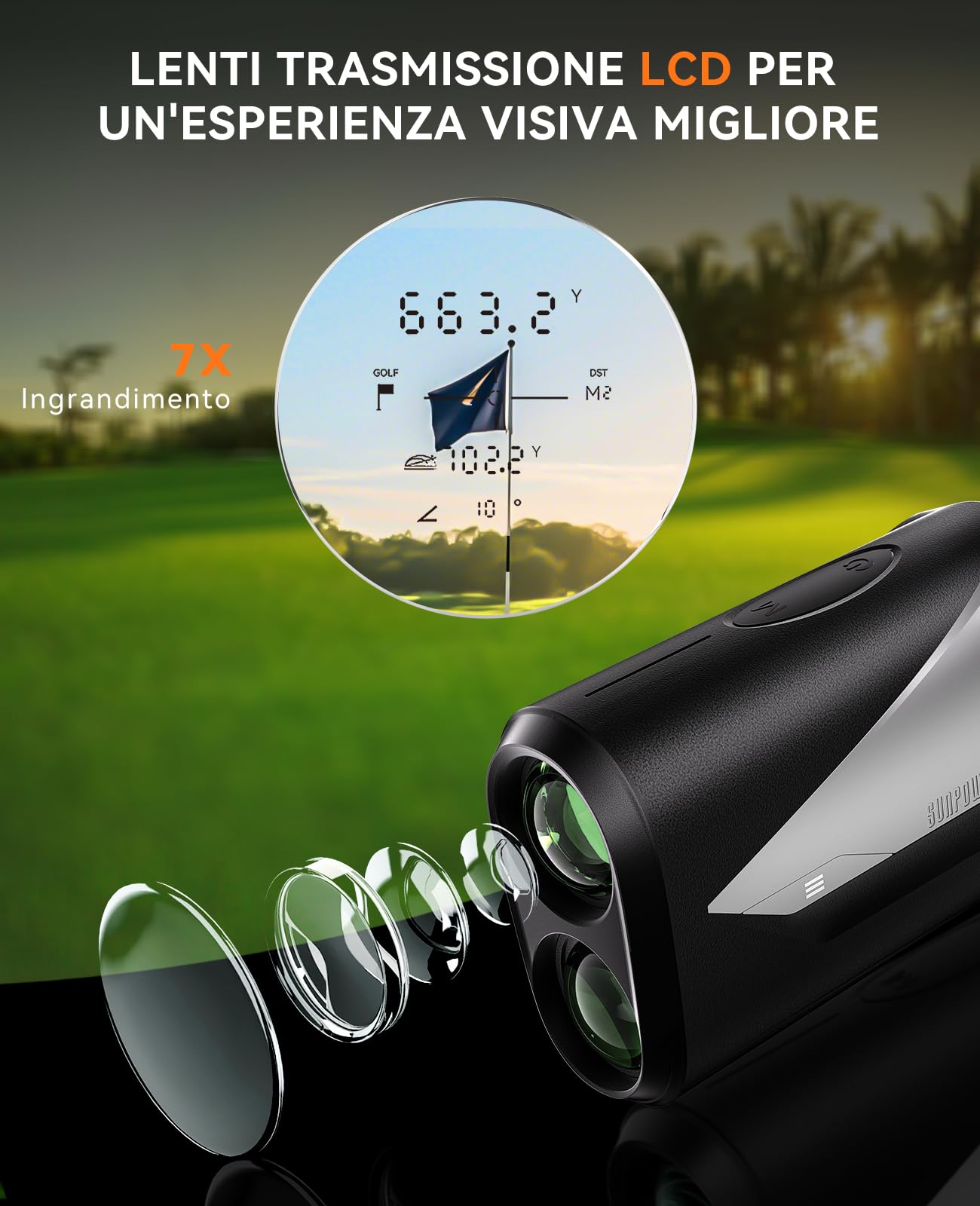 SUNPOW Telemetro Laser 7X Alta Precisione per Golf e Caccia, 1200 Iarde / 1000 Metri, con Pendenza, 5 Modalità, Blocco Asta Bandiera, Vibrazione e Batteria Ricaricabile