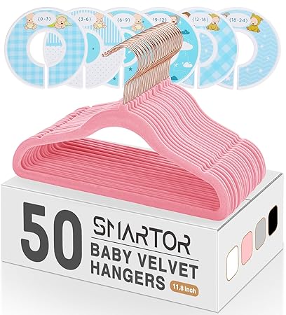 Smartor Pink Baby Hangers Velvet Kid Hangers 50 Pack Children Hangers Non Slip Included 6PCS Baby Clothing Dividers