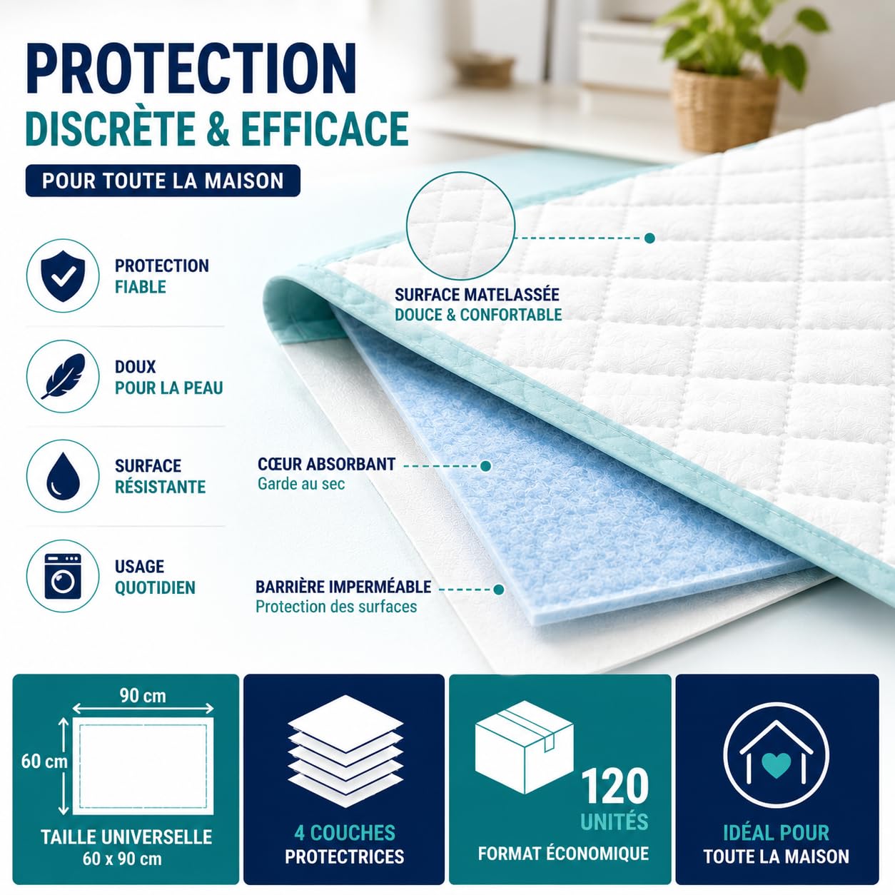 Alèse Jetable Ultra-Absorbante pour Incontinence (60x90 cm) – Imperméable, Hypoallergénique et Douce – Protection pour Lits, Fauteuils et Chaises – Pack de 120 – Le Pro du Médical