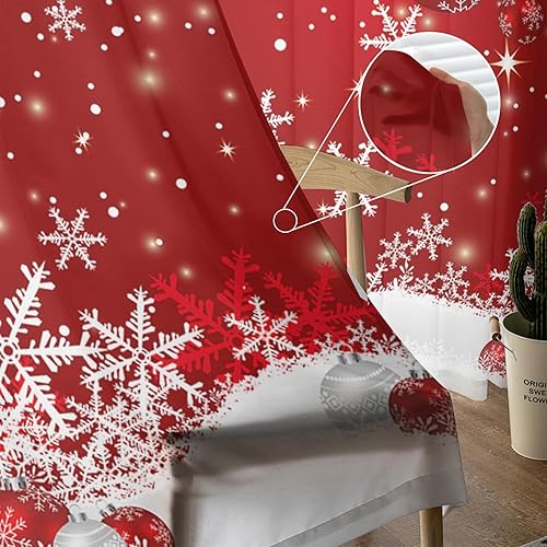 Miniatura 5 de Cortinas traslúcidas de Navidad de 63 pulgadas de largo, juego de 2 paneles de cortinas de gasa para sala de estar, bolas de Navidad rojas, copos de