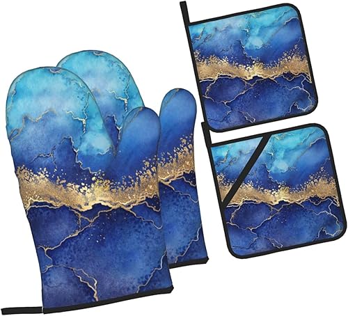 Miniatura 7 de Juego de 4 manoplas de horno y soportes para ollas con fondo de mármol azul, con textura de mármol, guantes de horno y agarradera, adecuados para