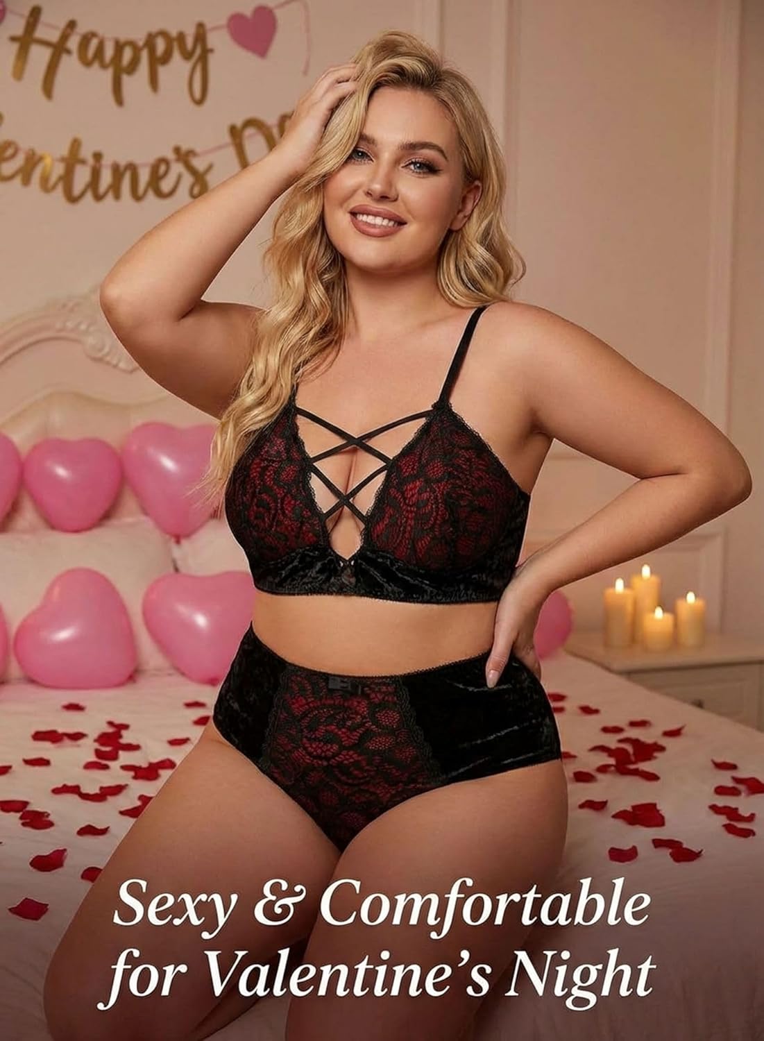 Women Valentines Lingerie Set - Sexy Plus Size Crushed Velvet Mesh Lace Up Exotic Halter Bralette High Waist Panty - Image 4