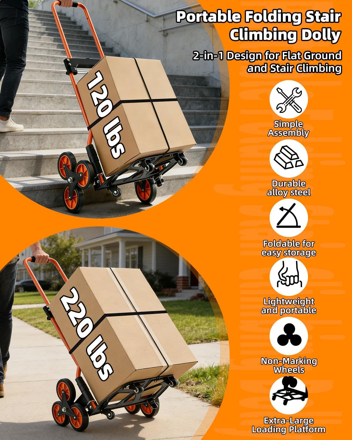 Folding Stair Climbing Dolly, 220Lbs Capacity, Portable Dolly Cart with 10 Wheels and Telescoping Handle, Lightweight Hand Truck Cart for Flat Ground & Stairs, School, Dormitory, Home, Office, Food