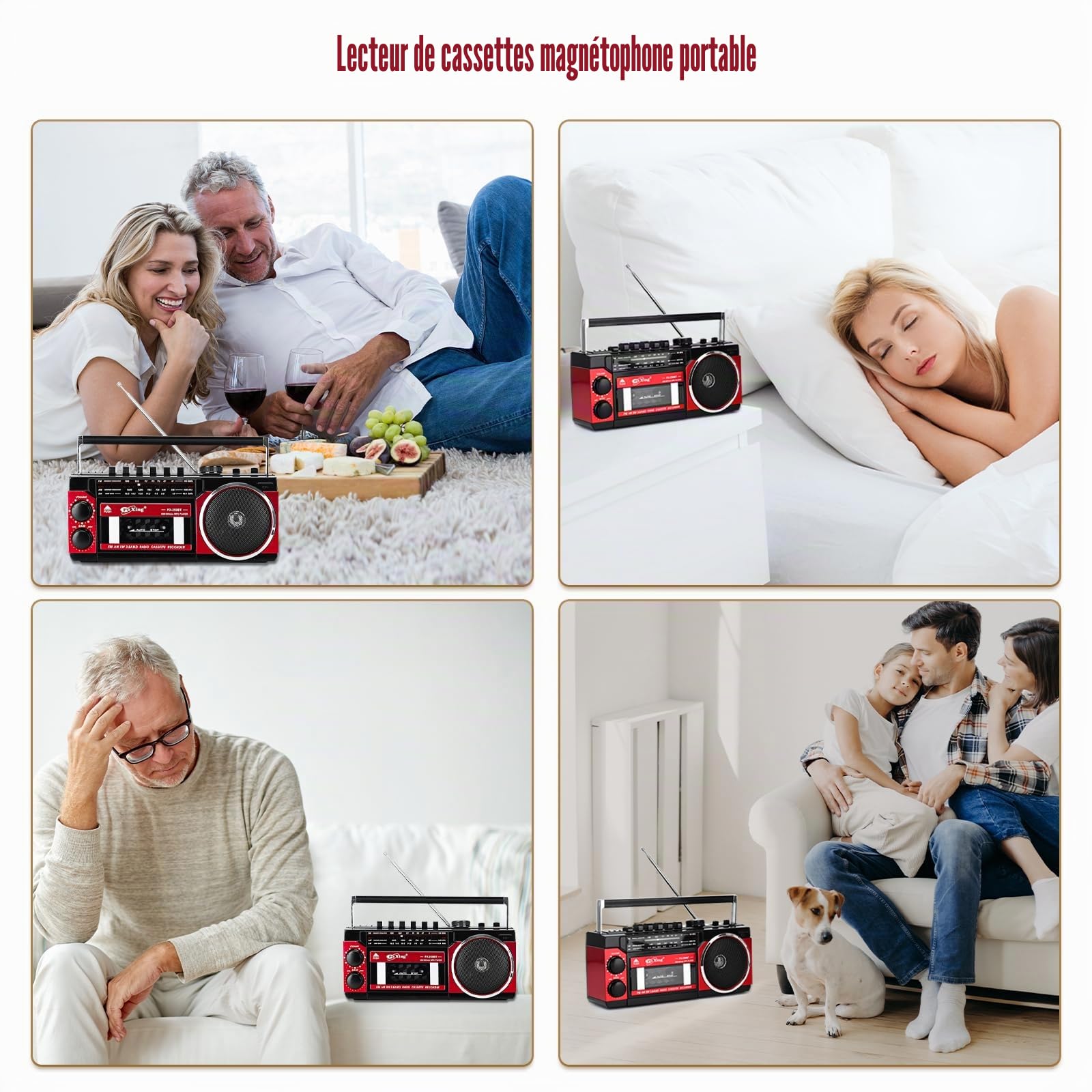 Lecteur de cassette, lecteur de cassettes portable, supporte la bande de fréquence FM/AM/SW, magnétophone, compatible avec cassette/Bluetooth/insertion de carte/enregistrement, fonctionne avec piles