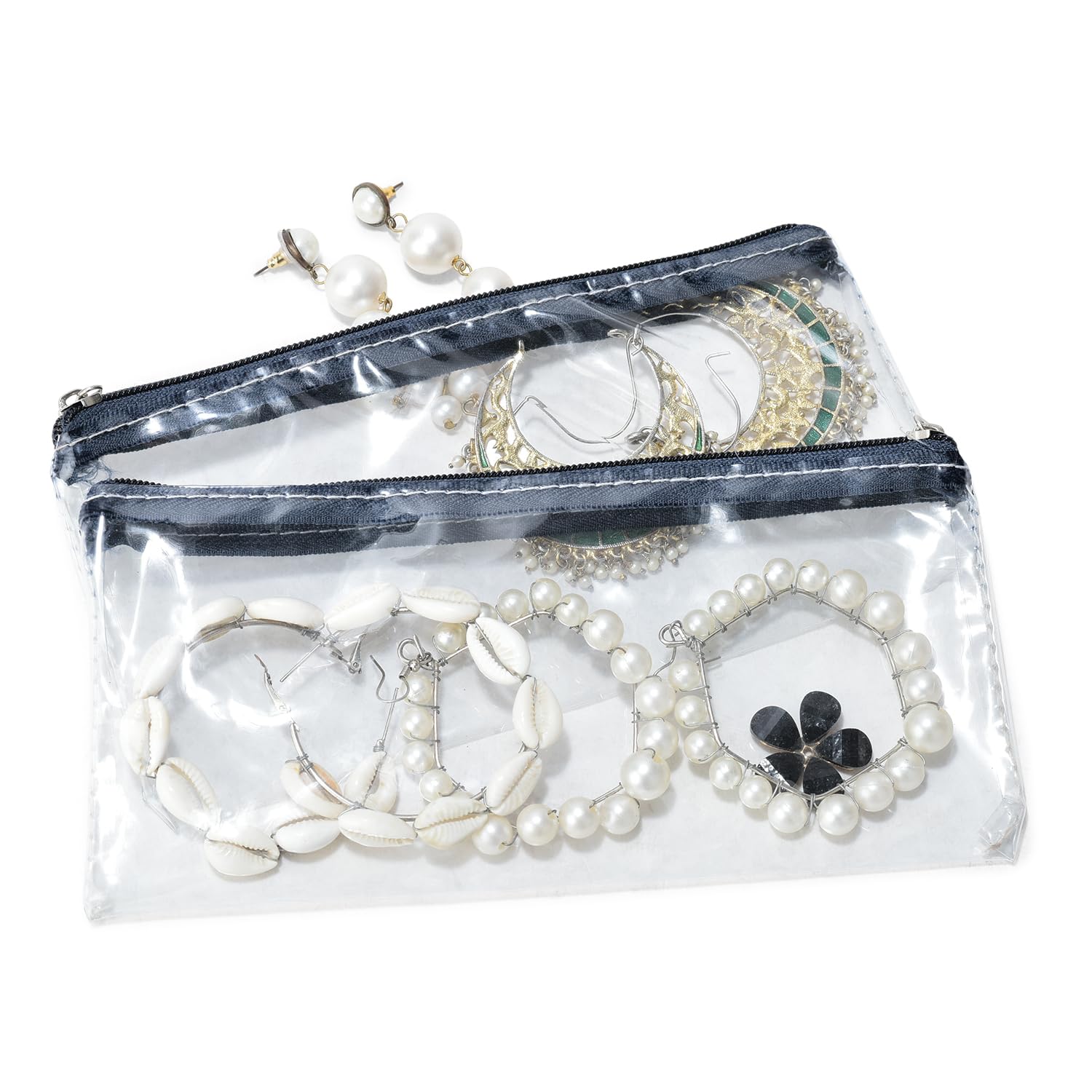 pack of 5 jewelry storage pouch, transparent travel makeup bag with black zipper, waterproof cosmetic organizer case for accessories easy for visible to inside items size-8.3inch x4inch x4mm