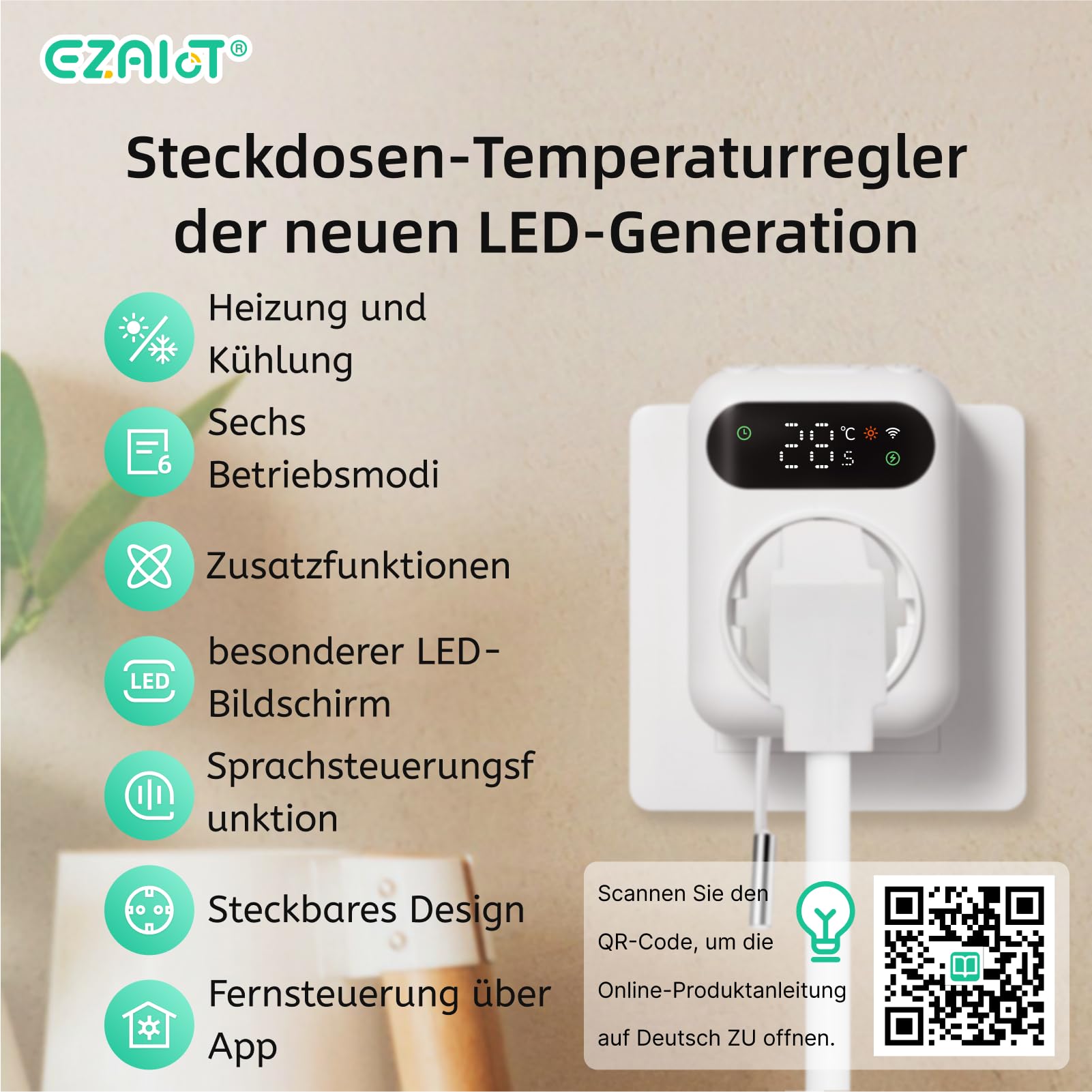 Steckdosen-Thermostat WLAN mit Zeitschaltuhr, 230V | Digitaler Temperaturregler für Heizung & Kühlung. Inkl. 3m Fühler für Gewächshäuser & Aquarien. LED-Bildschirm.