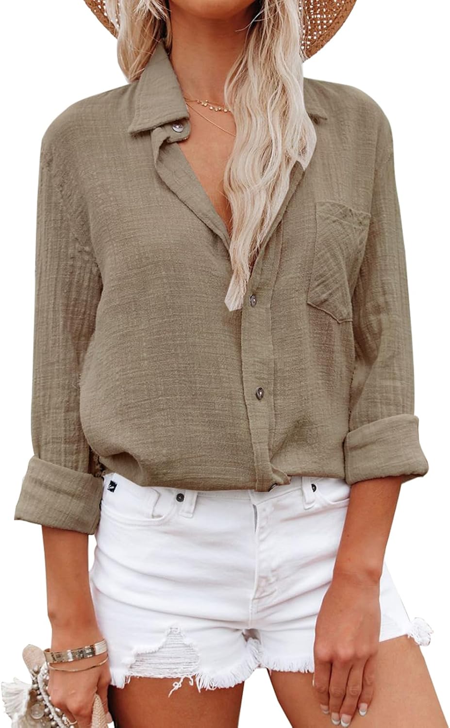 Womens Button Down Shirts Cotton Dress Shirt Long Sleeve Oversized Boyfriend Solid Tunic Tops with Pockets