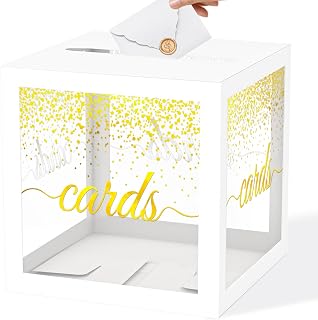 WNINK White Clear Gift Cards Box, Cards Receiving Box For Birthday, Wedding, Engagement, Bridal or Baby Shower, Graduation, Gender Reveal, Anniversaries Party Decorations Supplies (White and Gold)