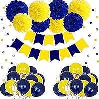 Vista 2 de BRZIKWT 12 pompones de papel de seda azul marino amarillo para fiesta, techo, colgar en la pared, decoración de flores (8, 10 y 12 pulgadas)