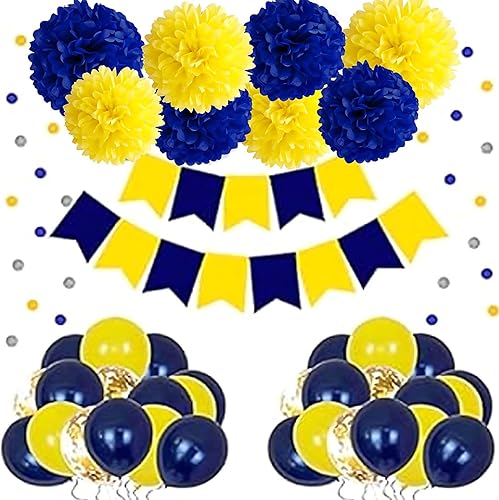 Miniatura 3 de BRZIKWT 12 pompones de papel de seda azul marino amarillo para fiesta, techo, colgar en la pared, decoración de flores (8, 10 y 12 pulgadas)
