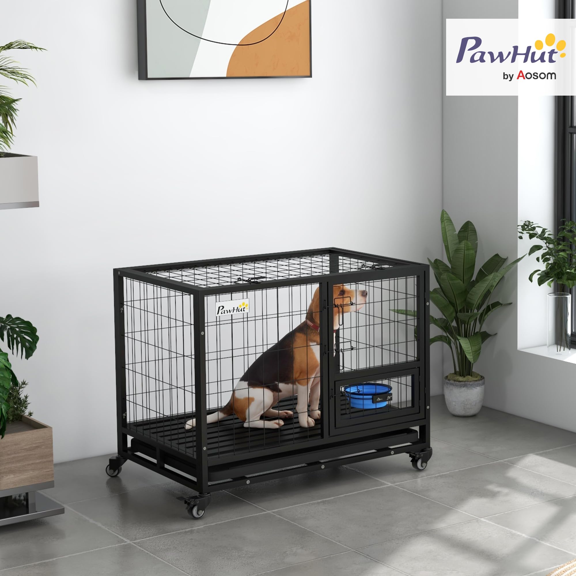 PawHut Jaula para Perros Jaula para Perros Grandes con Tapa Superior Abatible Soporte de Cuenco Bandeja Extraíble Ruedas y Puerta Doble Desmontable 92x62x73 cm Negro