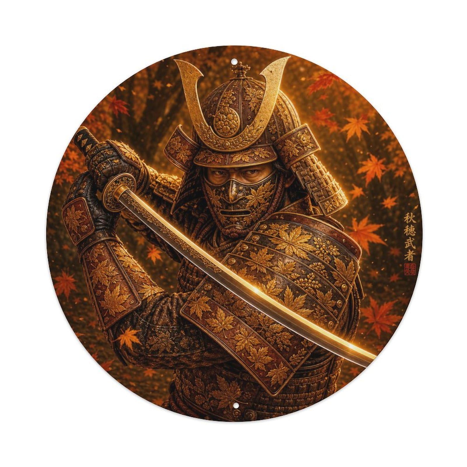 Okngb Style Dojo Amber Gold Diagonal Strike Ready Samurai Crest Metal Tin Sign Plaque Wall Decor For Cafe, Man Cave, Club Bar, Office, Home Garden Round Metal Poster 8X8inch