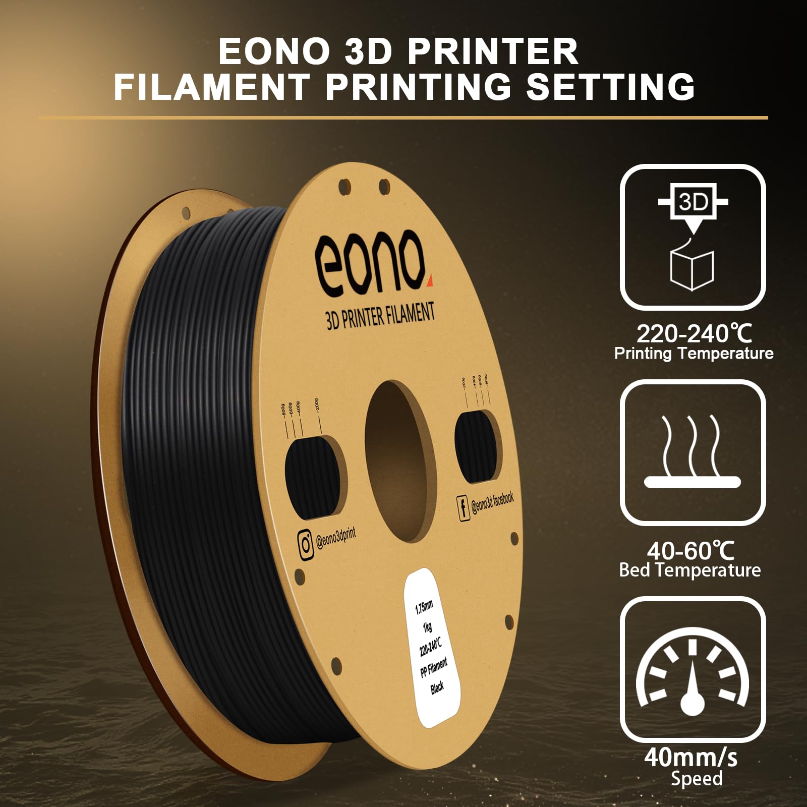 Eono Filament PP 1,75 mm Filament do drukarki 3D, półelastyczny ultra wytrzymały filament polipropylenowy, czarny, 1 kg