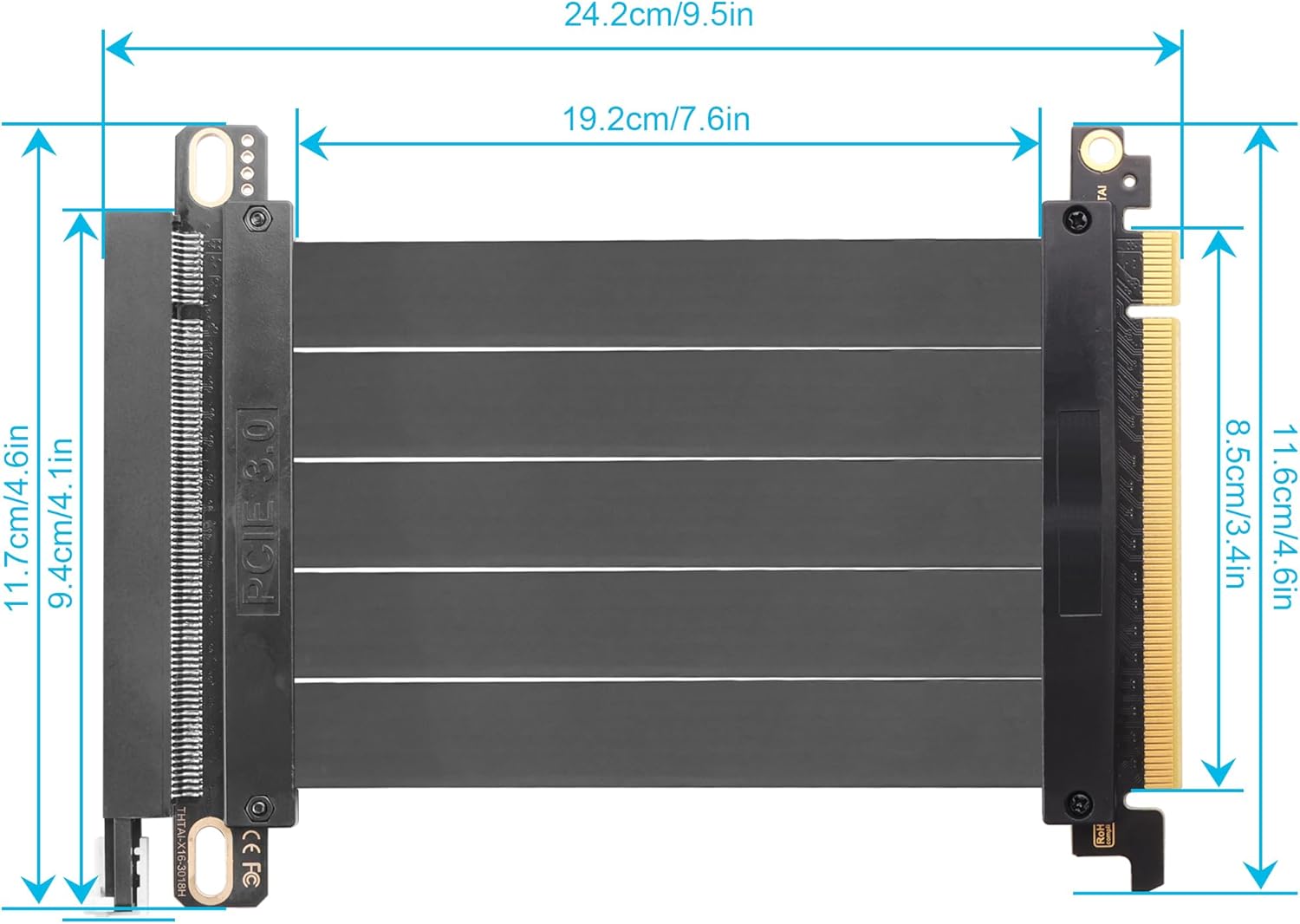 PCIE 3.0 X16 Expansion Cable, PCI-E 16x Extreme Hi-Speed Adapter Upright Card 180 Degree Connector for GPUs, WiFi, USB, Sound Cards, etc - 20 cm/7.87 in