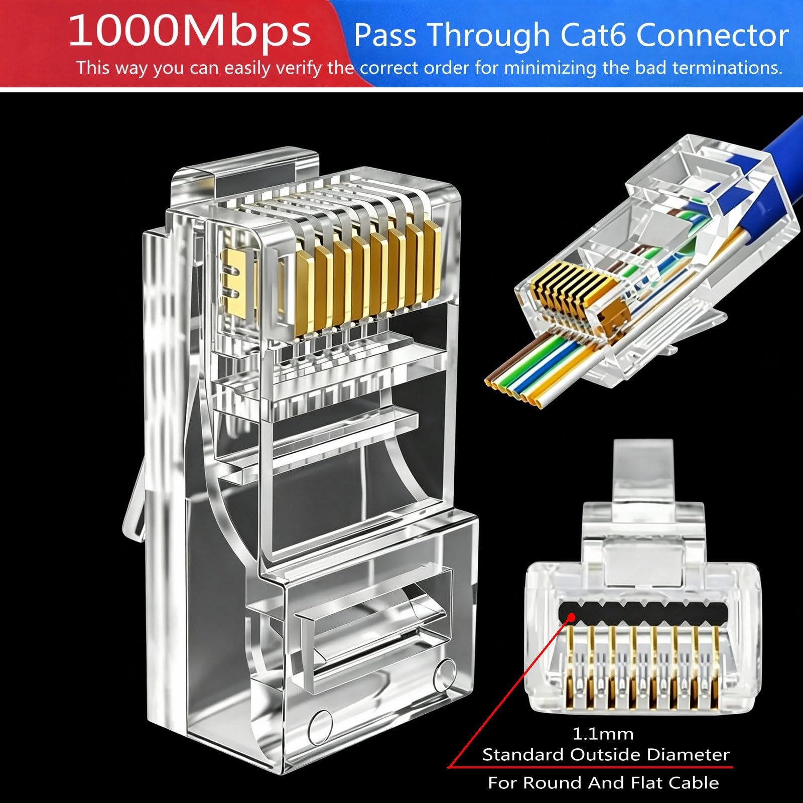 1000 connettori RJ45 Cat 6, connettori RJ45 placcati oro, connettori Cat6, connettori modulari RJ45, connettori Ethernet, connettori di rete per cavo Ethernet 8P8C UTP solido o incagliato, confezione