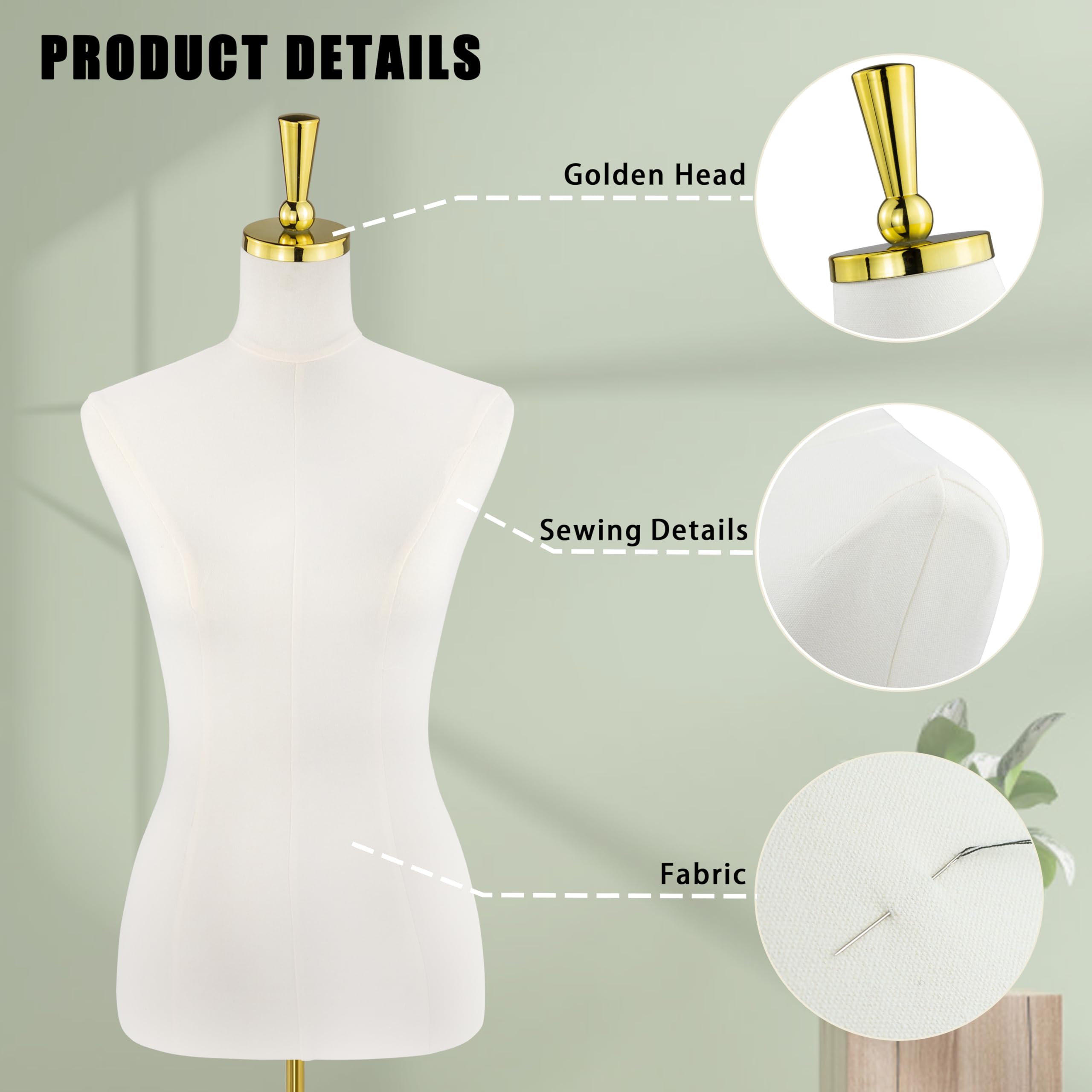 Mannequin Torso for Women, 53"-73" Height Adjustable Dress Form Sewing Mannequin with Golden Metal Stand, Beige