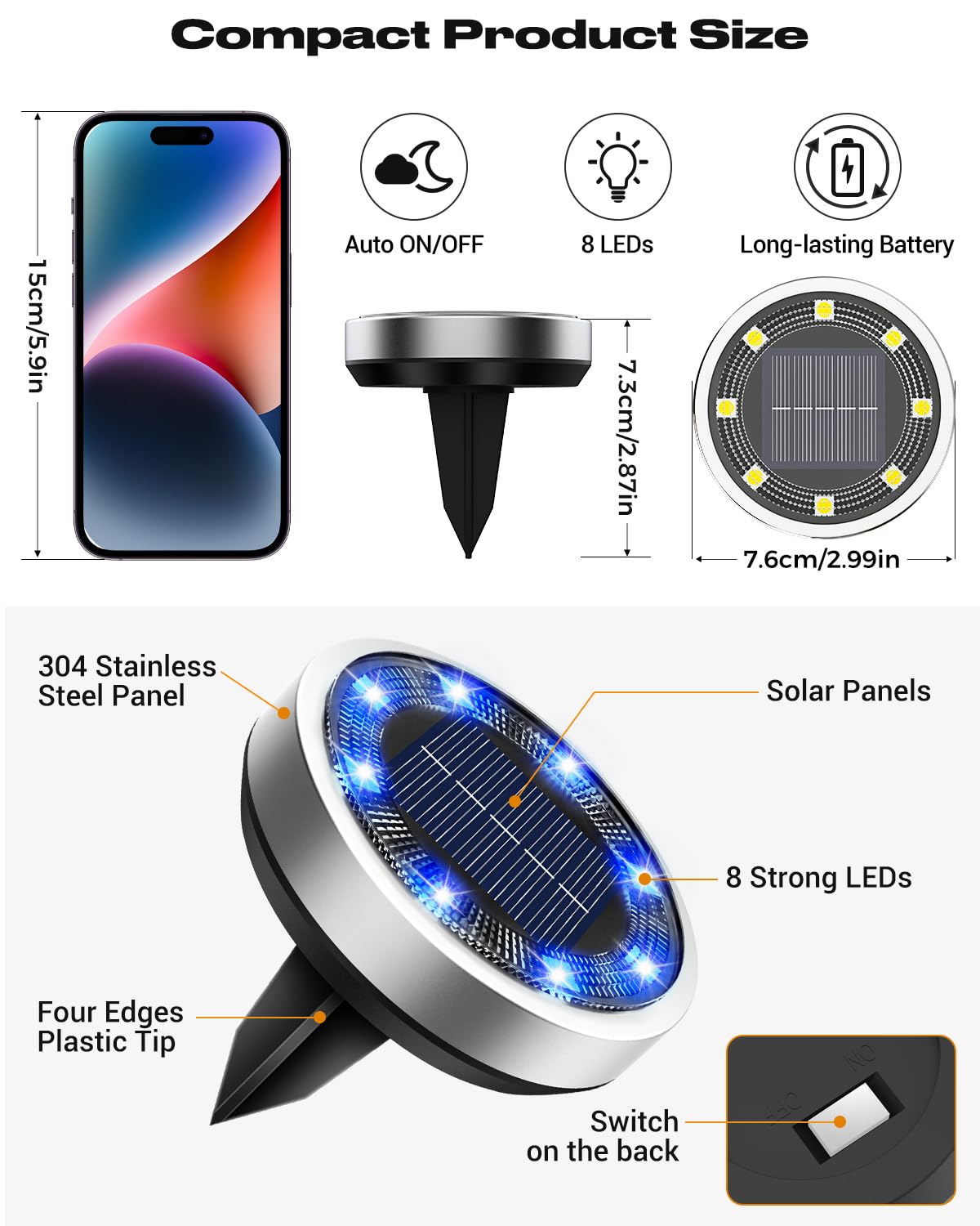 24 Btfarm Zonnestapellampen – 8 LEDs, Warmwit, IP65 Waterdicht, 600mAh, Voor Tuin, Oprit, Terras, Gazon En Zwembad