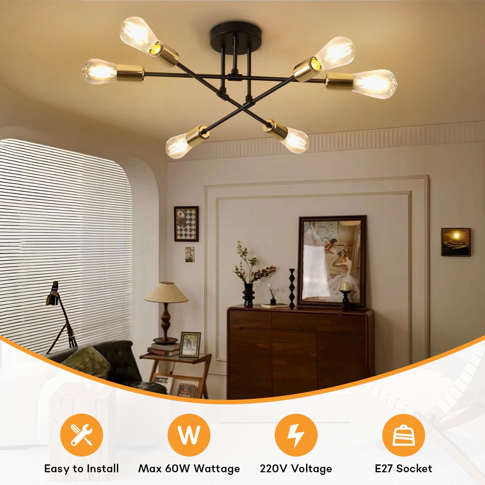ENCOFT Lampa sufitowa w stylu vintage, industrialna, lampa sufitowa w stylu retro, 6 żarówek, lampa kuchenna, sufitowa, E27, czarno-złota, lampa sufitowa, do sypialni, salonu, biura