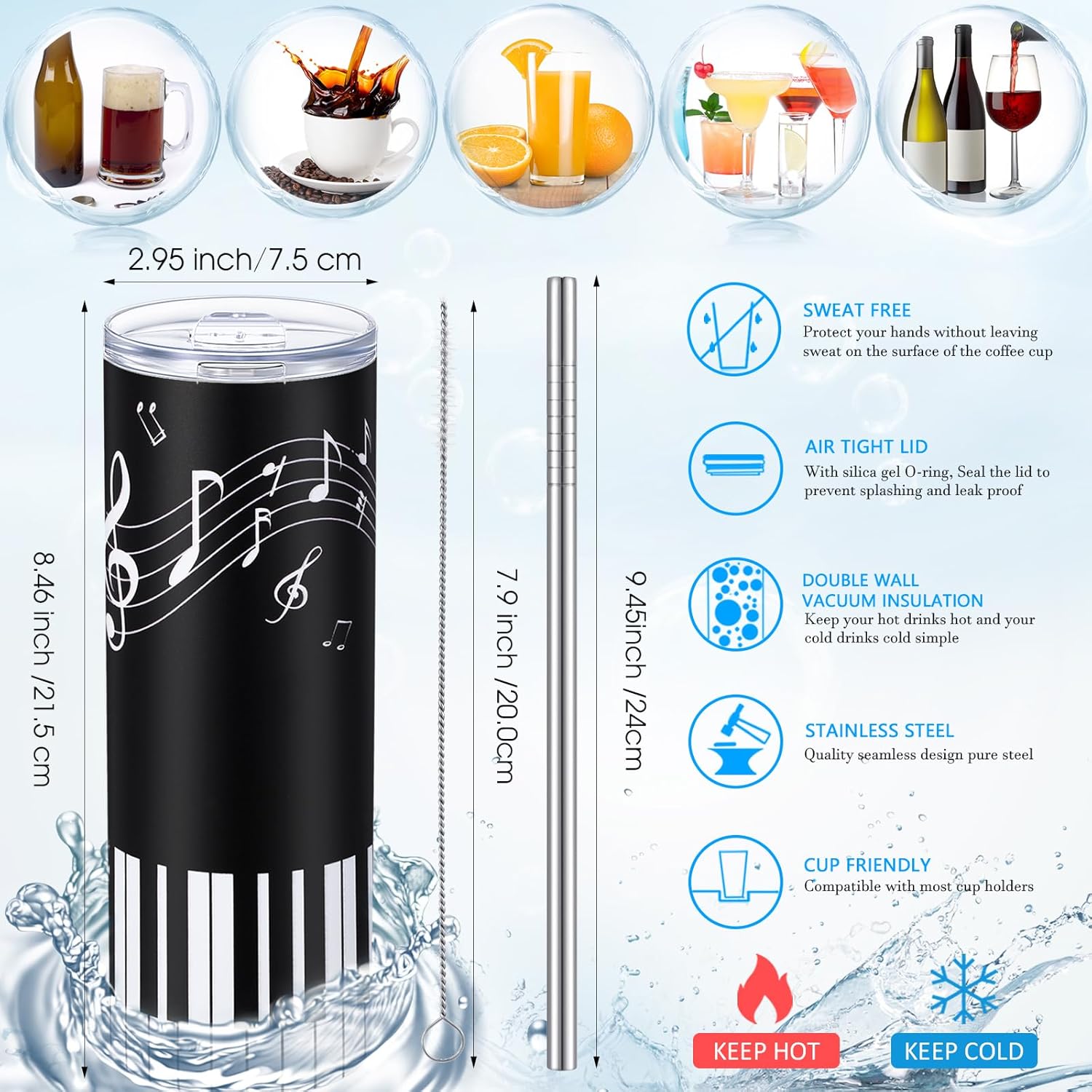Umigy 2 Pieces Piano Gift Tumbler with Lid Straw and Brush, 20 oz Musical Note Travel Coffee Mug Stainless Steel Cup for Valentine's Day Music Lovers Singers Player Teacher Gifts - Image 6