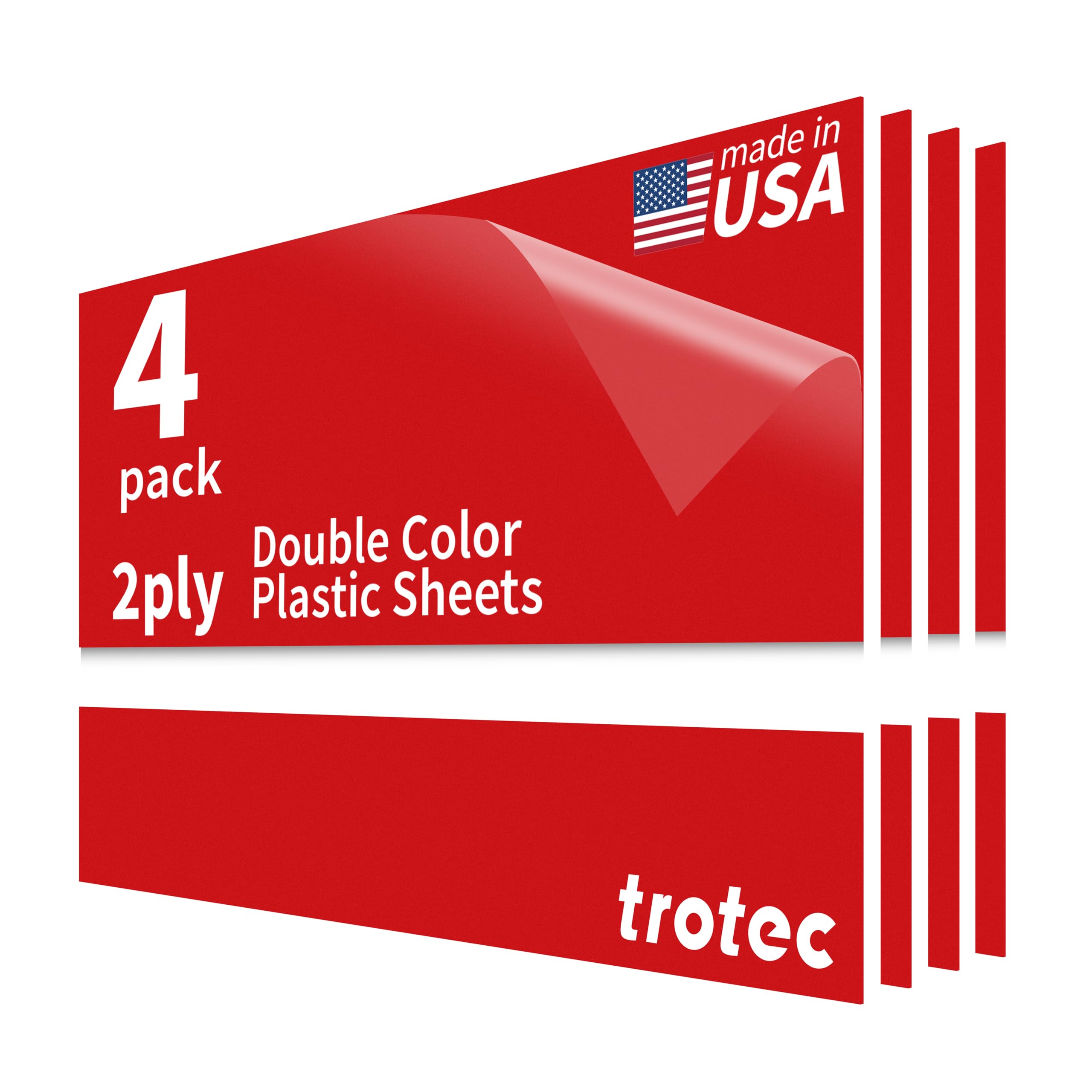 Trotec TroLase | 12"x20"x1/8", 4 Pcs | Red/White | 2 Ply | Modified Acrylic | Laser Engraving Double Color Plastic Sheet | Engraving Blanks for Laser,