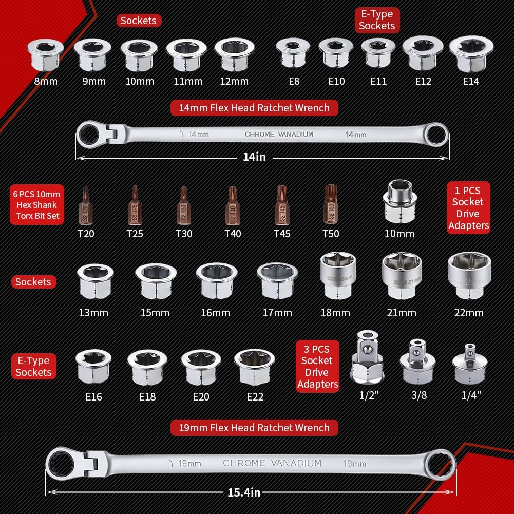 33 PCS Flex Head Ratcheting Wrench Set, Metric | 72-Tooth | 8-22mm | Extra Long Double Box End Ratchet Wrench Flex Head Wrench Set with Torx Bit