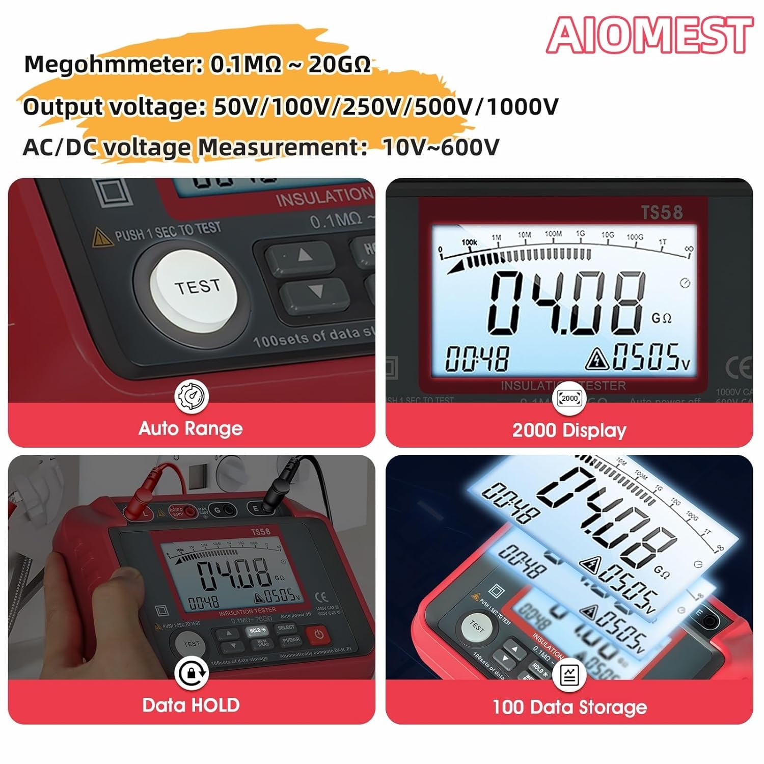 AIOMEST Digital Megohmmeter, 1000V Isolationsmessgerät, 0.1MΩ~20GΩ, 50V/100V/250V/500V/1000V, mit Hintergrundbeleuchtung, Messgeräte für elektrische Geräte wie Motoren und Kabel, T0-TS58