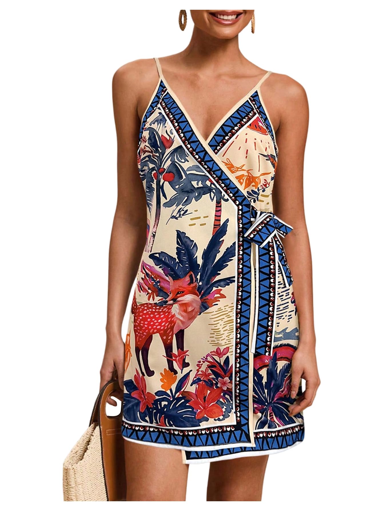 Women's Tropical Print Wrap Dress Sleeveless Vacation Dresses