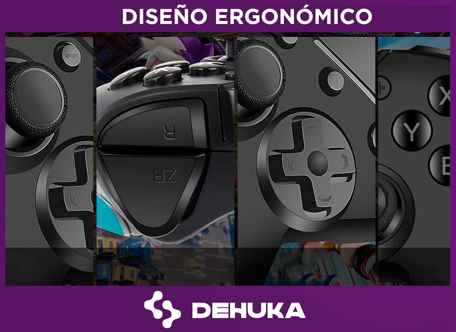 Collage of close-up views highlighting the ergonomic contours and textured grips of the Dehuka controller.