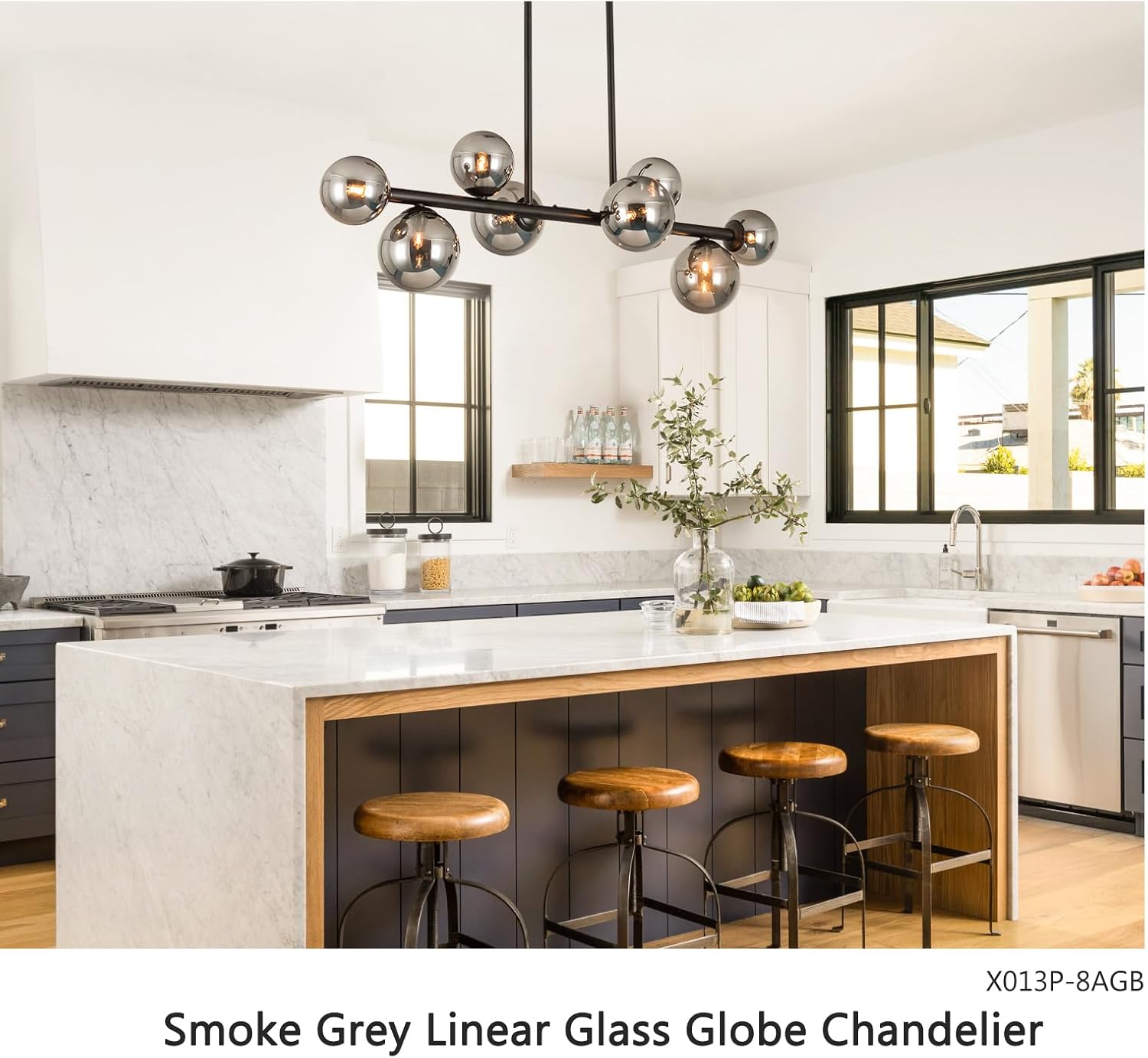 Jonsi Dining Room Light Fixture Over Table, Mid Century Chandeliers, Modern 8 Lights Smoke Grey Globe Glass Linear Chandelier Adjustable Ceiling Hanging for Living Dining Room Kitchen Island, Black