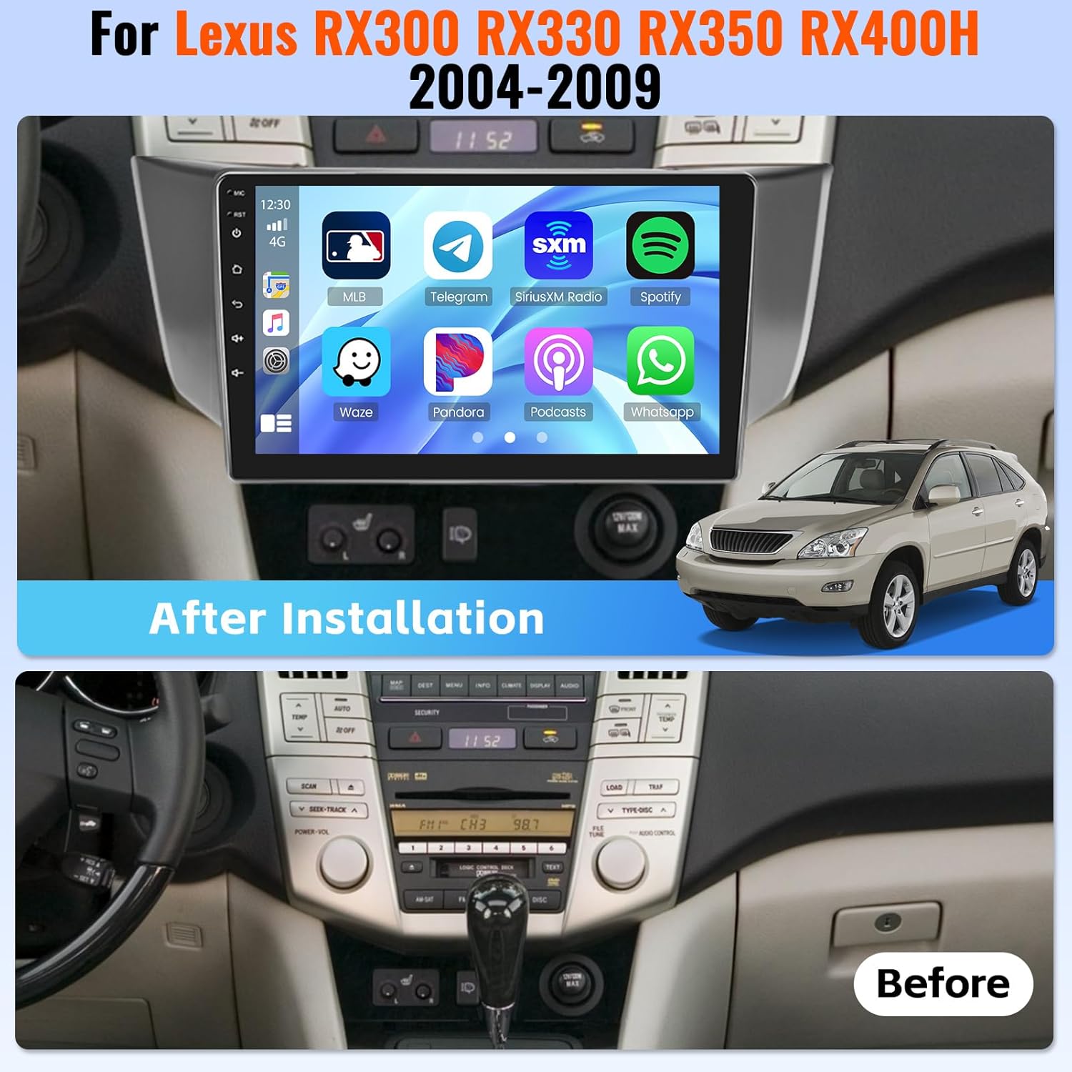 [2+64GB] Android 15 Car Radio for Lexus RX300 RX330 RX350 RX400H 2004-2009 Wireless CarPlay Android Auto, 9 Inch Touch Screen Car Radio WiFi GPS Bluetooth EQ 26UI Backup Camera MIC