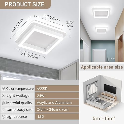 Miniatura 2 de CANEOE Luz de Pasillo Cuadrada de 24W, Moderna Luz de Techo LED de Montaje al Ras, Luces de Acrílico Blanco Cerca del Techo para Dormitorio Comedor