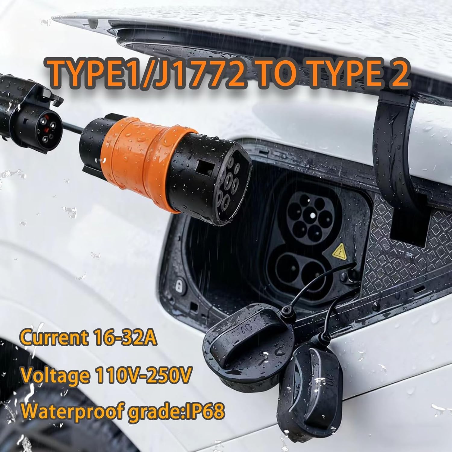 Type 1 to Type 2 EV Charger Adapter | Converts SAE J1772 to IEC 62196 | Electric Vehicle Charging Connector (Orange)
