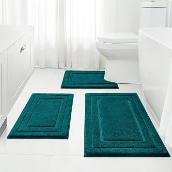 HOMEIDEAS Atlantic Blue Bathroom Rugs Set of 3, Non Slip Bath Runners