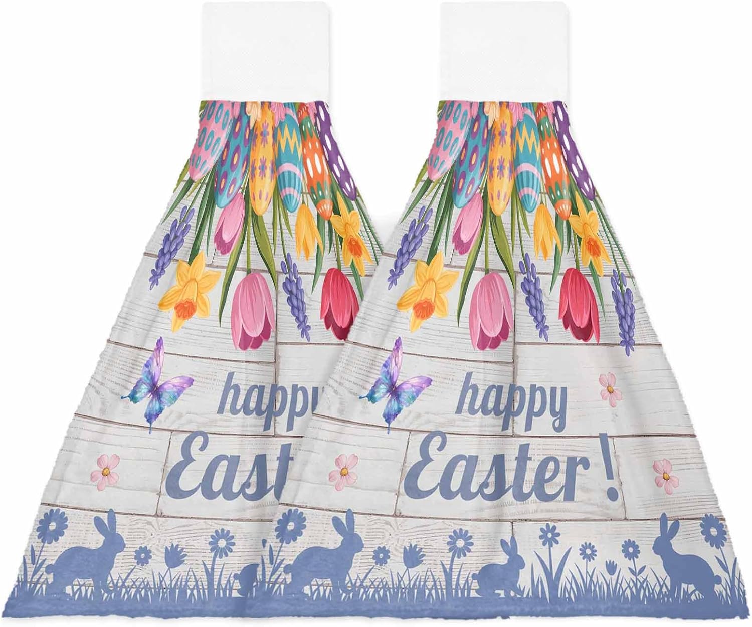 Easter Eggs Kitchen Hand Towels with Hanging Loops Set of 2 Purple Tulip Flower Spring Bunny Butterfly Floral Soft Thick Oven Fingertip Dry Microfiber Tie Dish Towel Absorbent Cleaning Washcloth