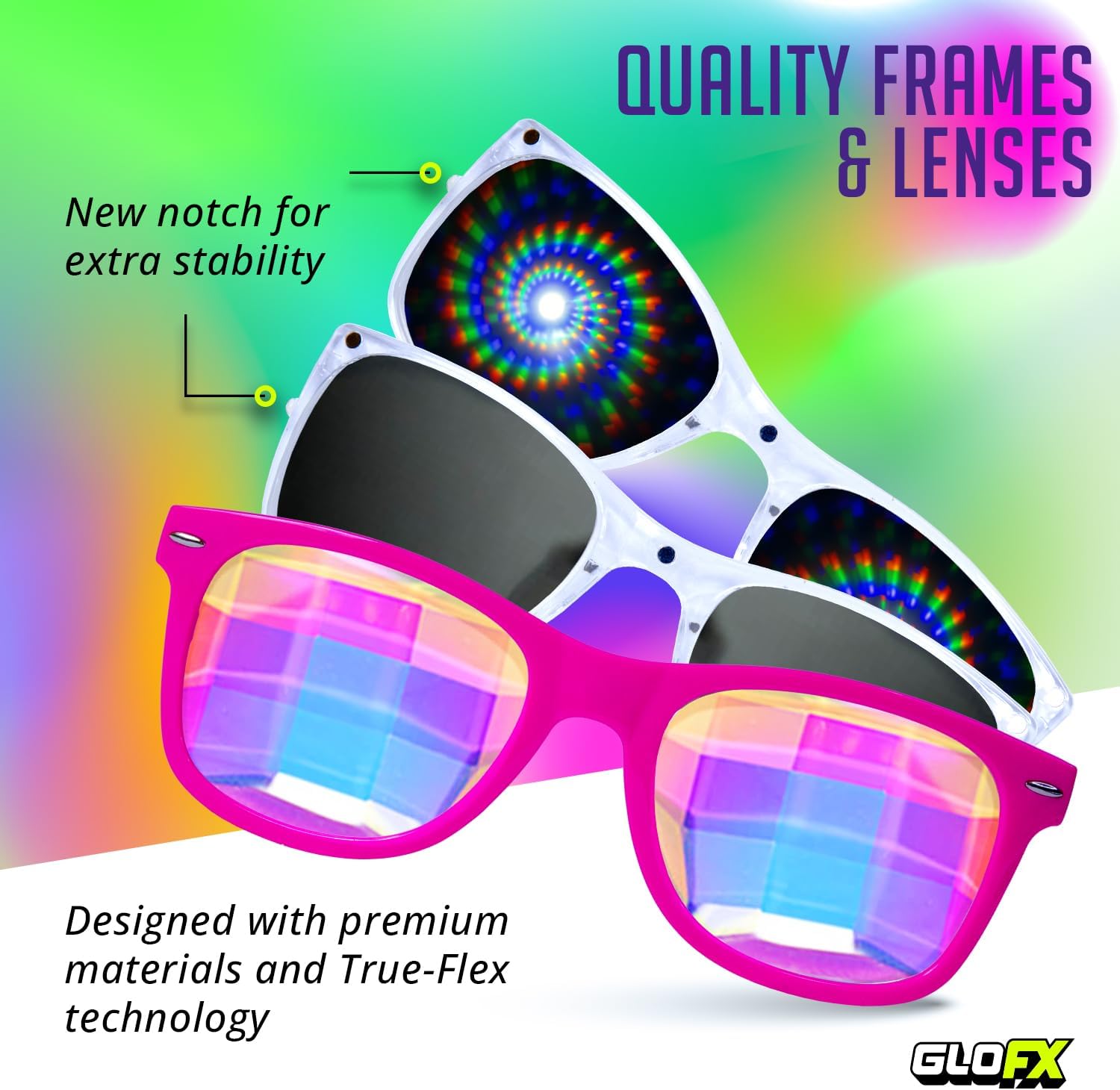 GloFX Snaps: Diffraction Rave Glasses | Heart, and Spiral Lenses | 3D Prisms, Heart Glasses, Spiral Glasses