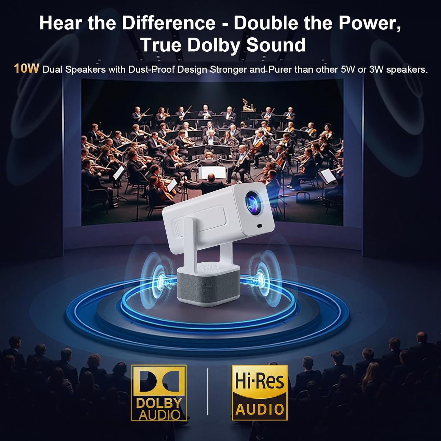 【10W Dolby Audio丨Enhanced Brightness丨Auto Focus】Mini Projector 4K Support - Smart Portable Projector with WiFi 6 and Bluetooth 5.4: Built in Apps, 330 ANSI, 180°Rotatable, for Indoor/Outdoor Use