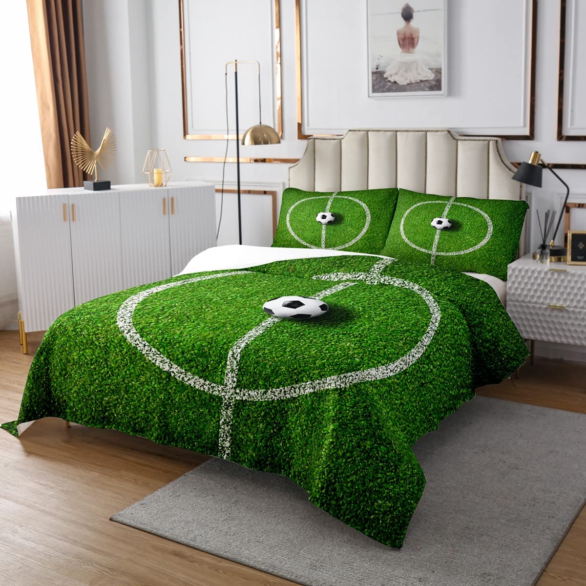 Homemissing Set di biancheria da letto per bambini con copriletto trapuntato per bambini, per ragazzi, ragazzi, campi da calcio, giochi competitivi trapuntati, traspirante, per sport, set matrimoniale