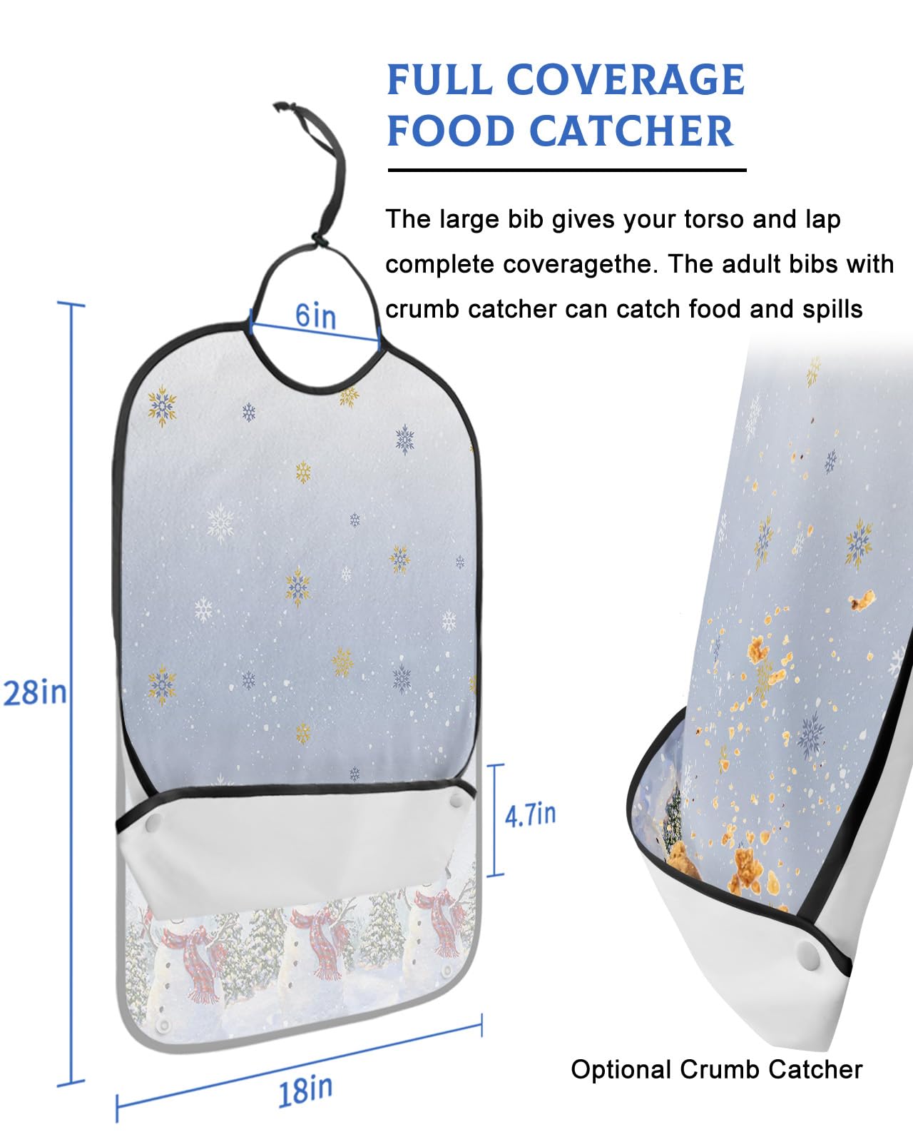 Adult Bibs for Elderly Women - Blue Ombre Christmas Waterproof Dining Clothing Protectors with Crumb Catcher for Eating/Feeding, Xmas Tree Winter Snowman Snowflake Terry Cloth Bib Machine Washable