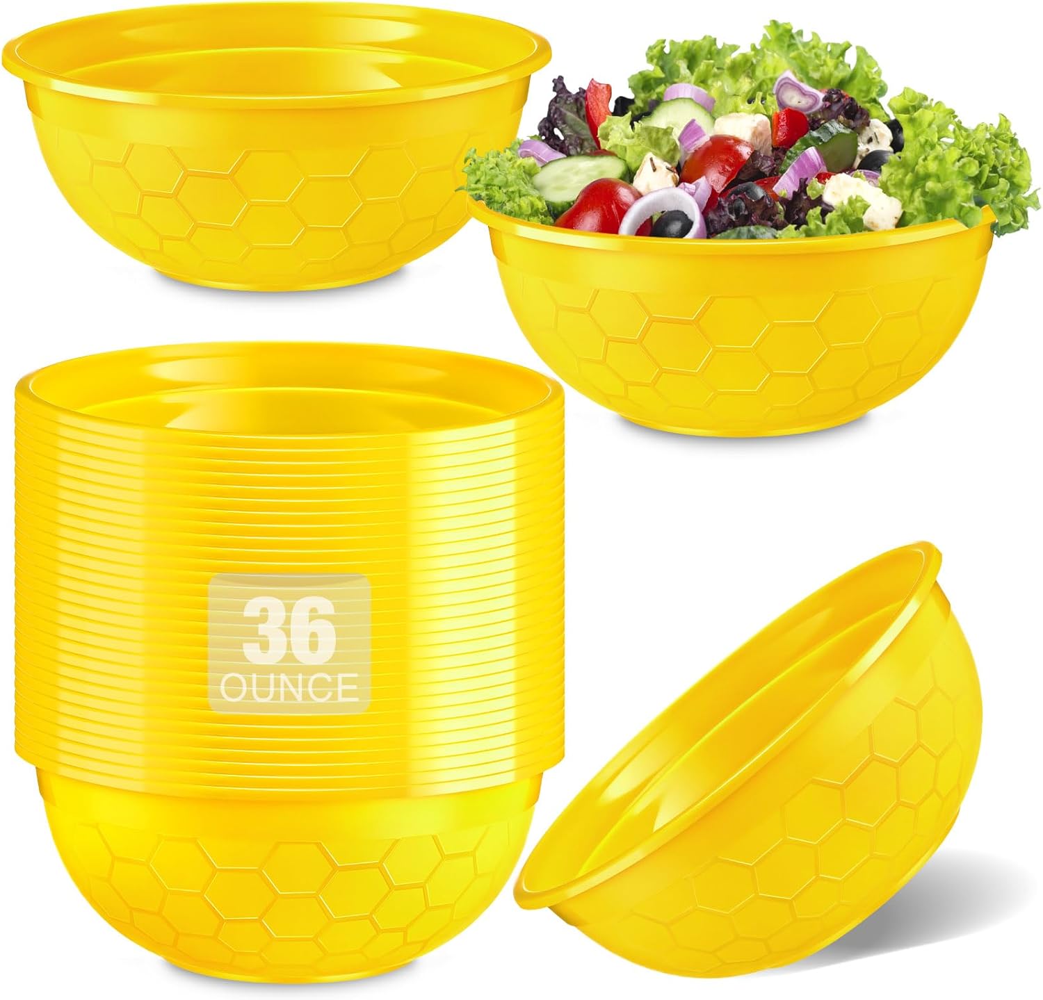 100 Pack 36oz Yellow Disposable Plastic Bowls Plastic Salad Bowls Large Stackable Serving Soup Microwave Safe Dinnerware for Birthdays Weddings Festivals Party(Soccer)