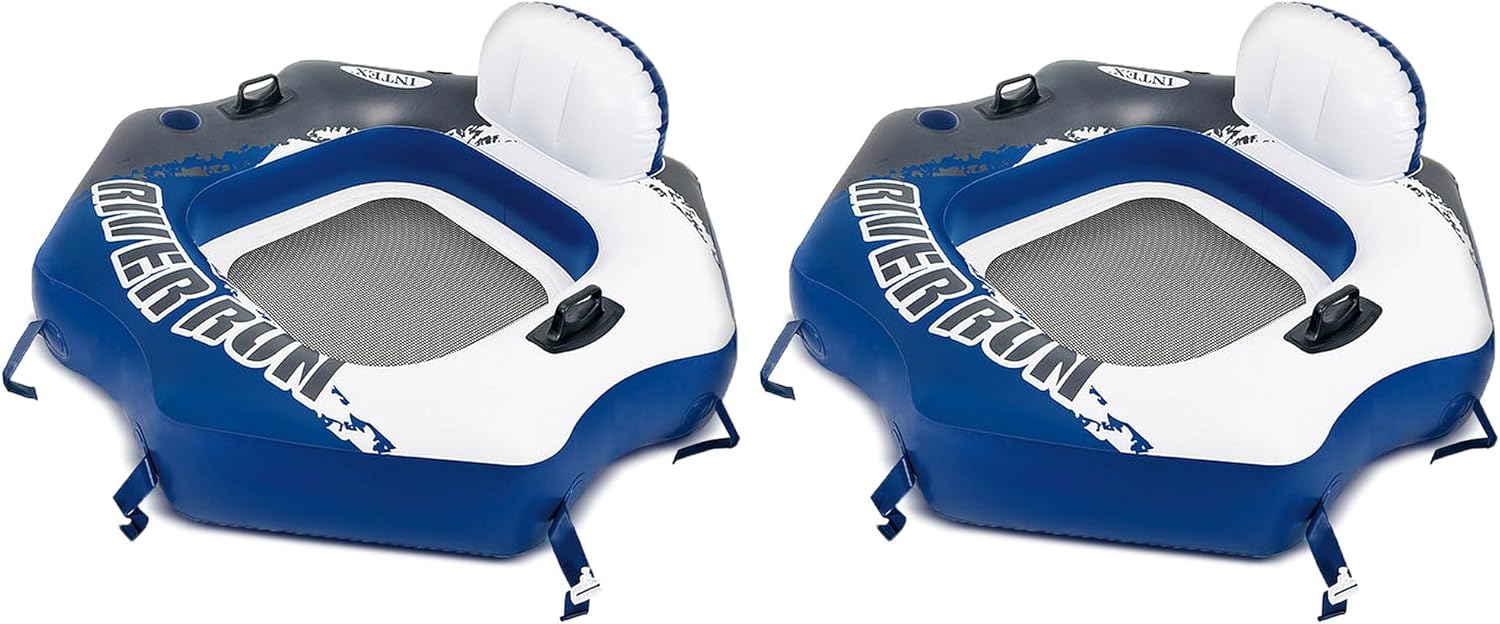 Intex 58854EP River Run Single Person Inflatable Connecting Lounge Tube Chair w/Mesh Bottom, Backrest, & Built in Cupholders, Blue (2 Pack)
