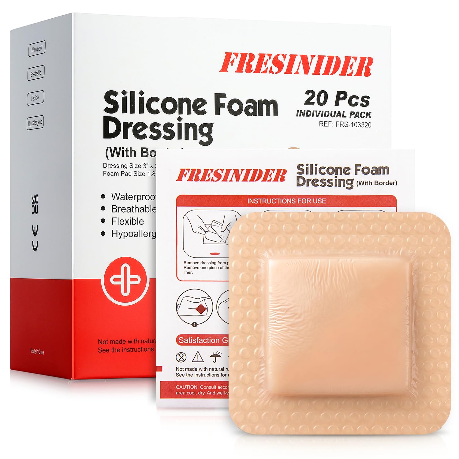 FRESINIDER Silicone Foam Dressing with Adhesive Border – Wound Dressing Bandage – Silicone Foam Pad – Pack of 20 – 3 x 3 Inches Large Waterproof Bandages – Self Adhesive Wound Care and Dressings