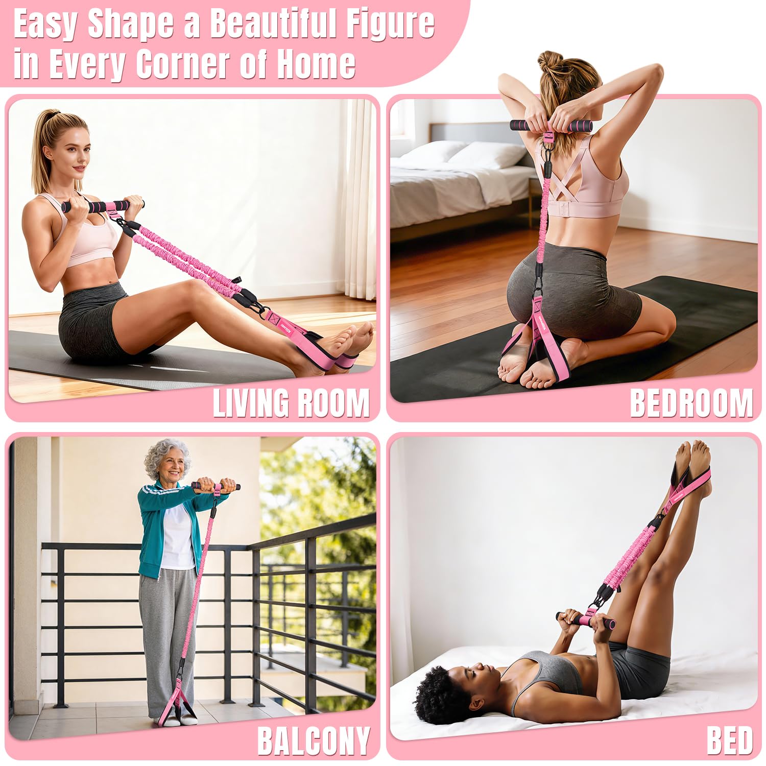 KUZARO Fascia di resistenza multifunzione con manico, 3 tubi regolabili per addome, vita, braccia, core/ABS, allenamento delle gambe, attrezzatura per esercizi per sedute da donna
