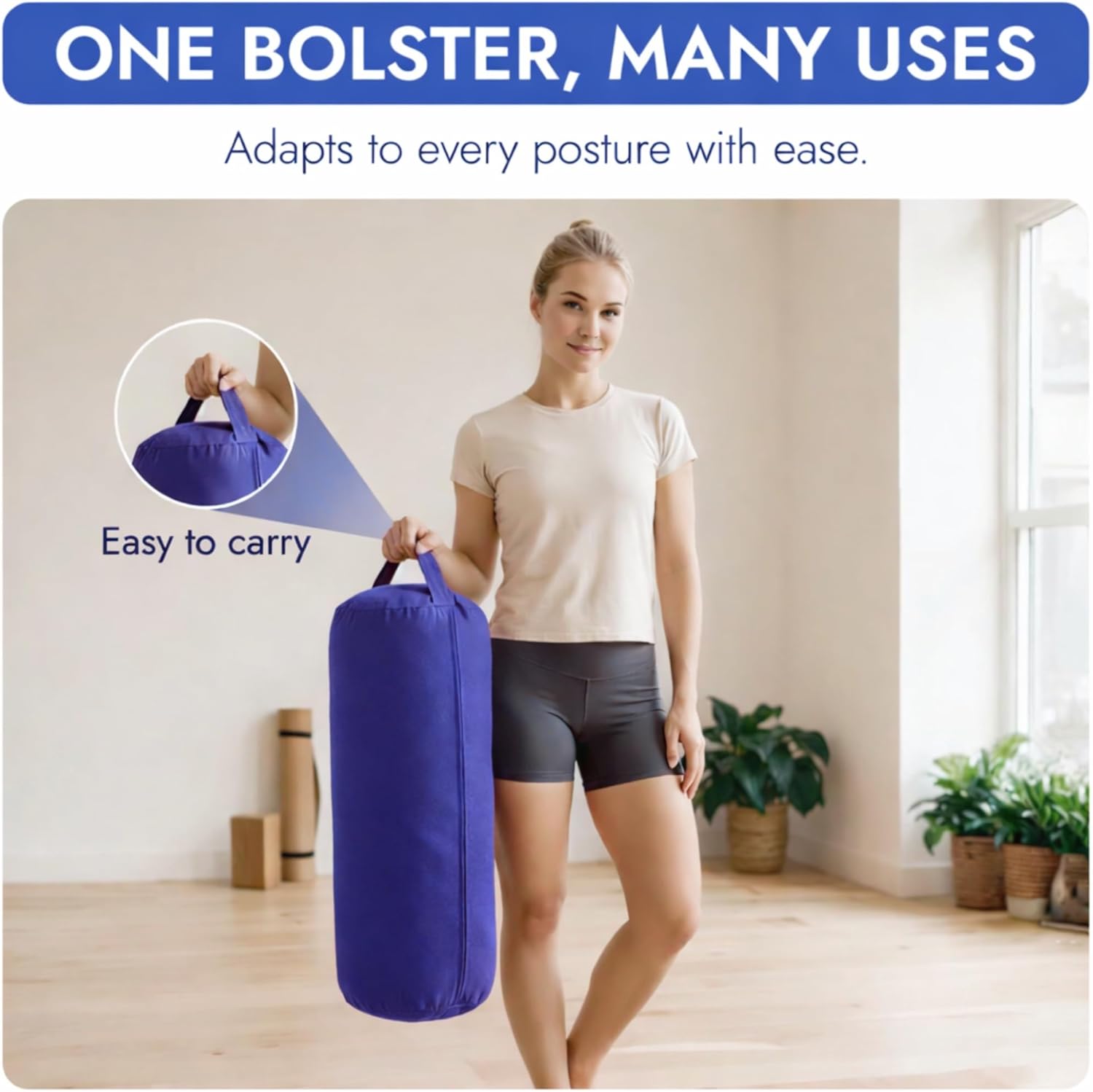 Yogikuti Iyengar Yoga Bolster for Restorative Yoga and Meditation – Lightweight Cotton Support Pillow with Handle for Easy Carry, Versatile for Pose Modification, Balance, Back Relief, and Relaxation