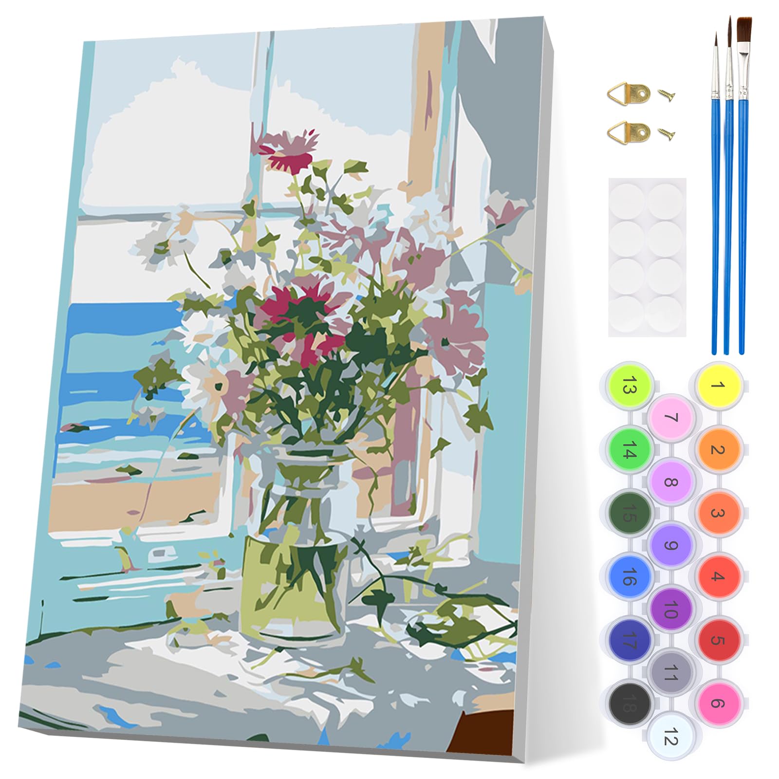EOBROMD Flowers Paint by Numbers for Adults with Frame, Sea View Paint by Numbers Kits, Flowers in Vase Acrylic Easy Painting by Numbers for Gift Home Wall Decor 8x12in